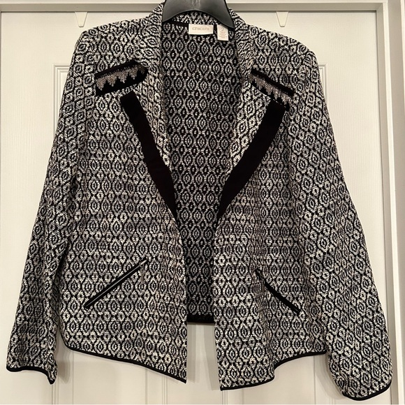 Chico's Jacket Ivory Black Geometric Open Front Size 2 US L/12 - Picture 2 of 8